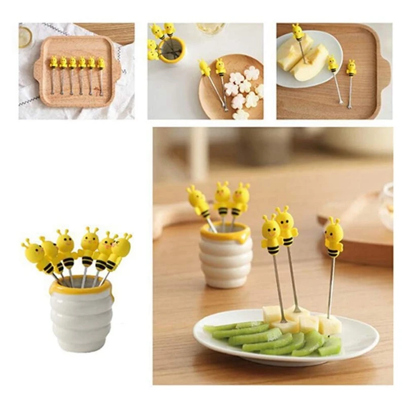 ABHG Exquisite And Cute Silicone Bee Fruit Fork Set Stainless Steel Dessert Fork With Ceramic Stand 7 Pieces