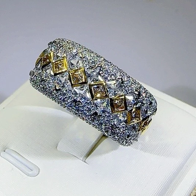 Huitan Two Tone Square CZ Promise Rings for Women Wedding Band Accessories Modern Statement Female Rings Party Luxury Jewelry