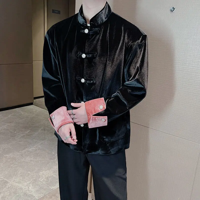 

New Chinese Sle Men's Velvet Tang Suit Jaet Spring Autumn Loose Fit Long Sve Button up Casual Outerwear