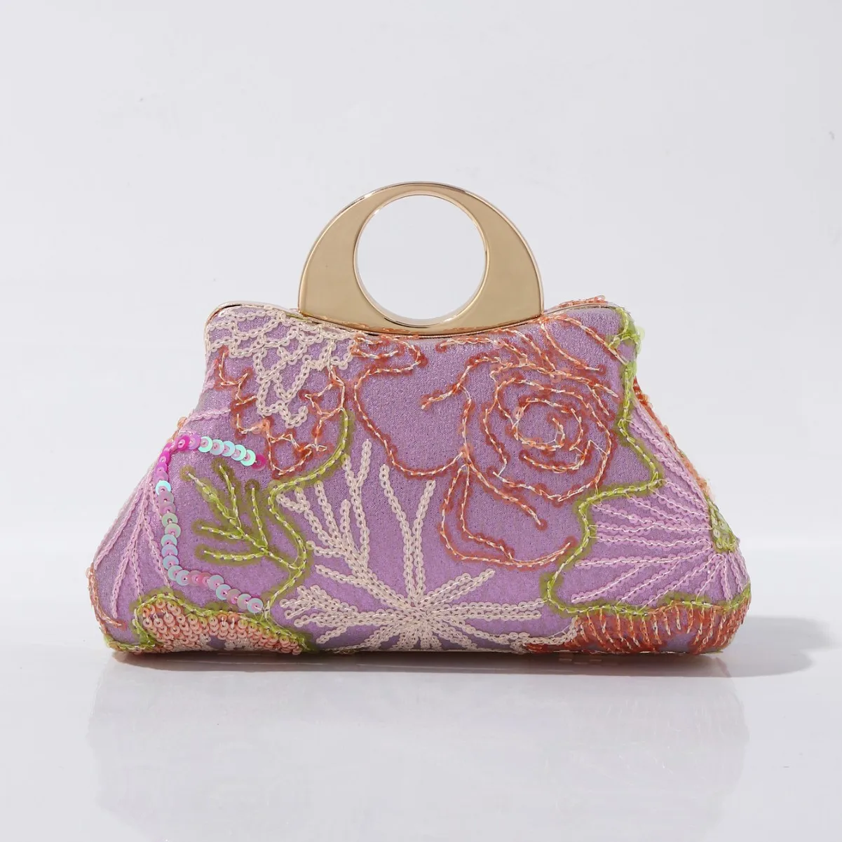 

Bohemian Floral Embroidered Clutch Bag with Sequin Details & Gold Circular Handle - Unique Evening Bag for Parties & Weddings