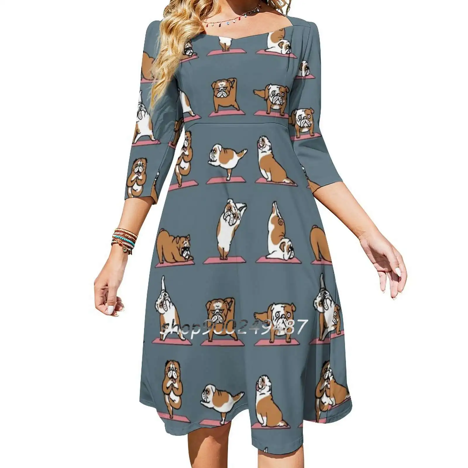 English Bulldog Yoga Women Spring Autumn Long Sleeve Dress Female Casual Dress English Bulldog Yoga Bulldog Om Namaste