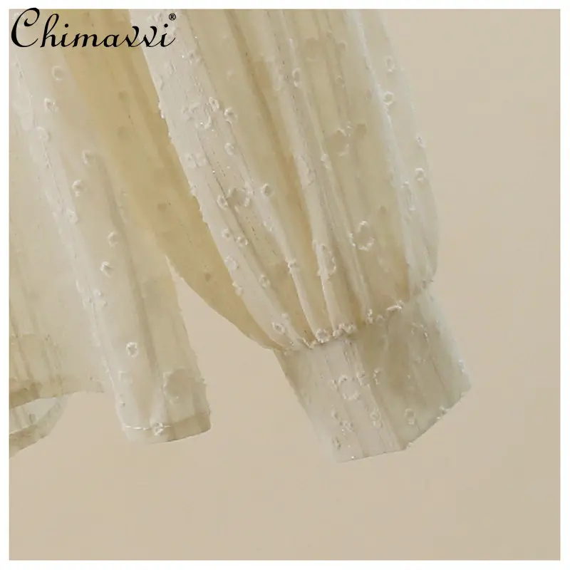 Fashion Heavy Court Style Lace Patchwork Ruffled Stand Collar Chiffon Blouse Women French Style Elegant Long Sleeve Top Spring