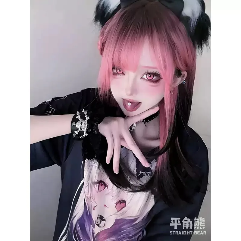 Pink Black Gradient Straight Full Wig Sweet Youth Look Heat‑Resistant Synthetic Wig  Trendy Daily Wear and Themed Photo Shoots
