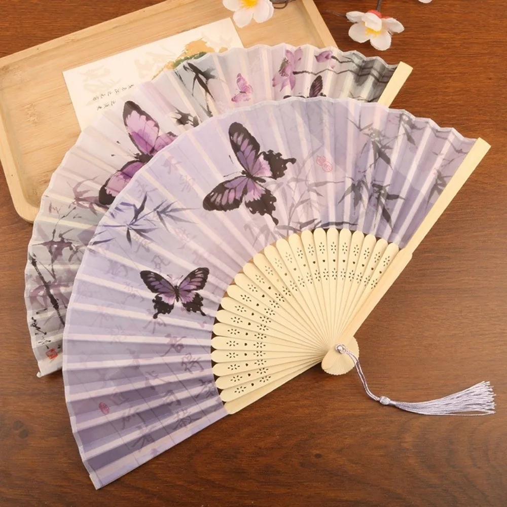 Vintage Chinese Style Silk Folding Fan Handmade Cooling Handheld Fan with Tassel Butterfly Pattern