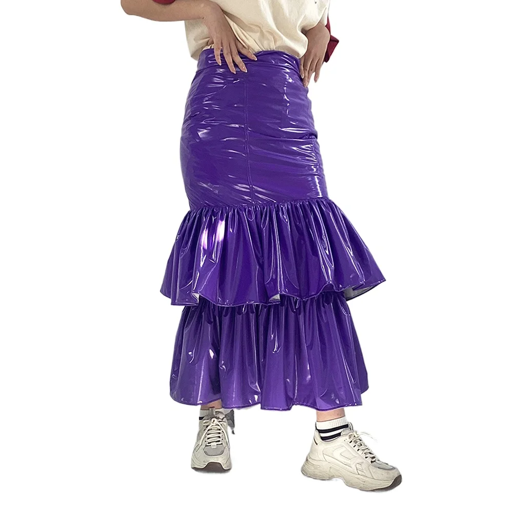 Ladies Elegant Party Midi Mermaid Skirts Ruffles Wetlook Clubwear High Waisted Slim Fit Trumpet Skrits PVC Faux Leather Clothing