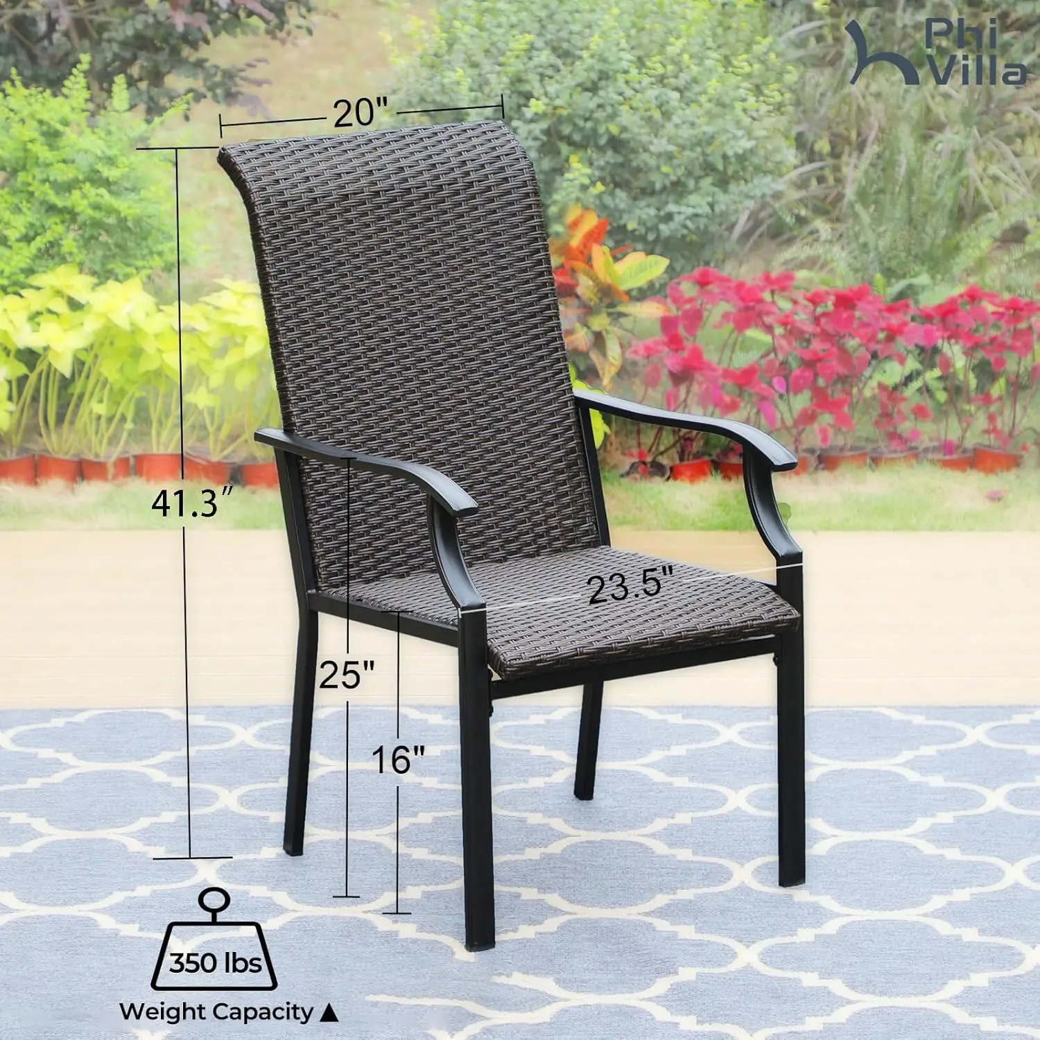 Outdoor Rattan Dining Chairs Set of 2, Extra Large High Back Wicker Armchairs with Steel Frame