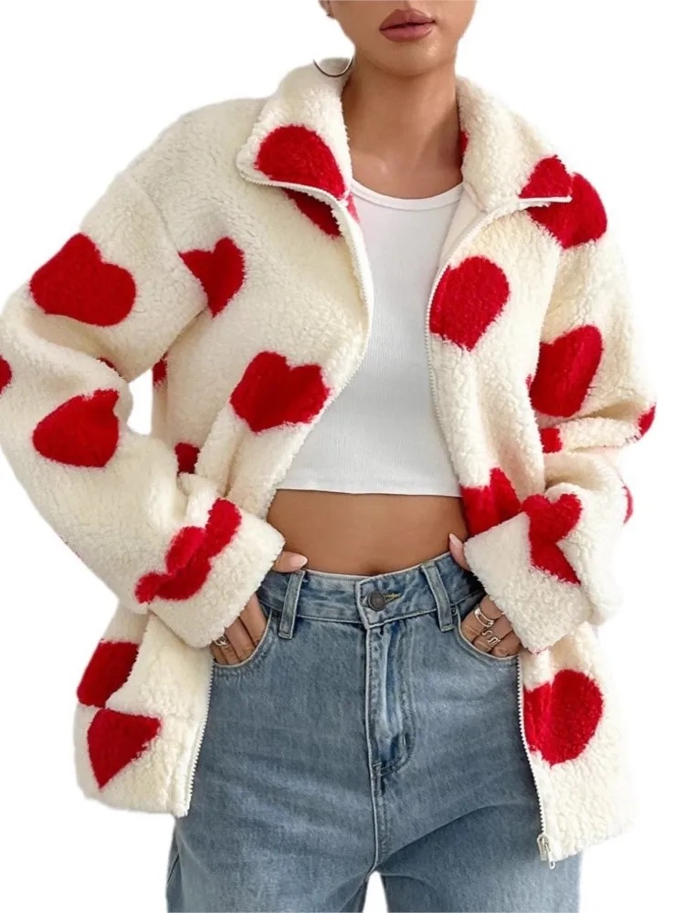 سترة نسائية شتوية دافئة من القطيفة كاجوال على شكل قلب وسحاب سترة معطف للسيدات بياقة قلابة ملابس خارجية من الصوف