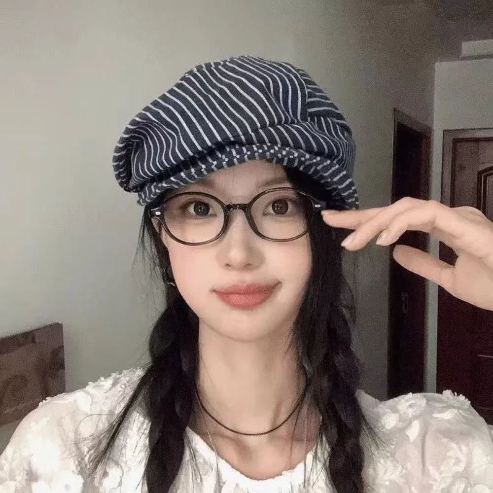 Vintage Cotton and Linen Striped Berets Thin Japanese Octagonal Hat Newsboy Cap Short Brim Painter Caps Girl