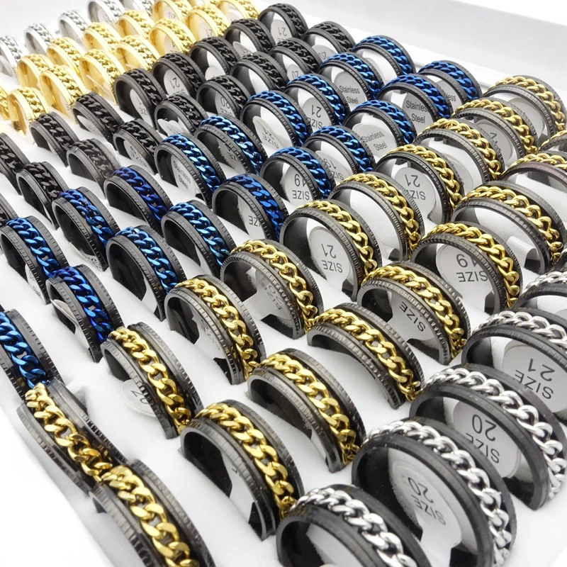 10pcs Rotatable Chain Rings For Men and Women 316L Spinner Stainless Steel Fashion Jewelry Party Gift