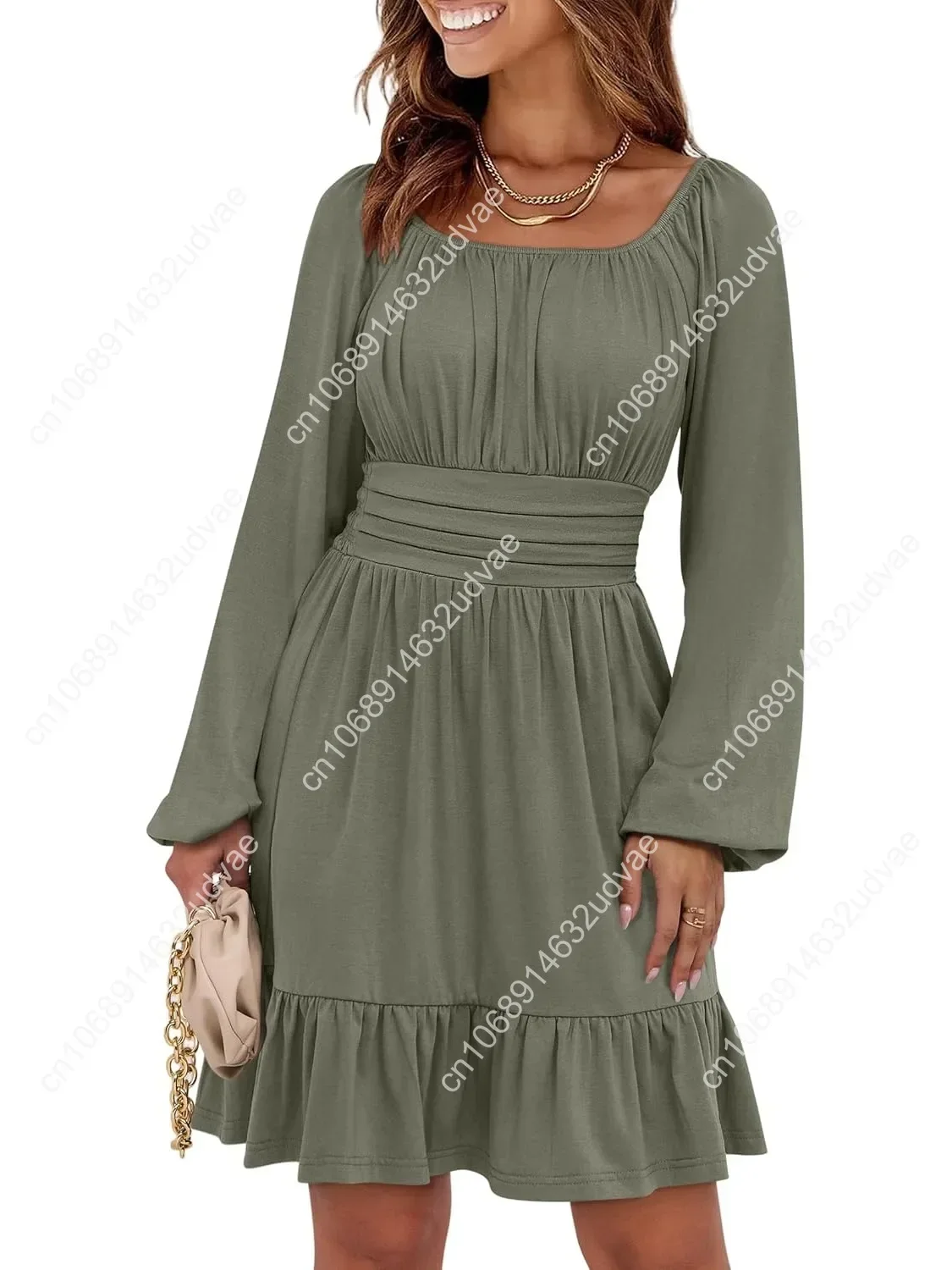 

Womens Dress Long Lantern Sleeve Square Neck Elastic Waist Ruffle Flowy Swing A-Line Short Dresses 2025 Fall Fashion