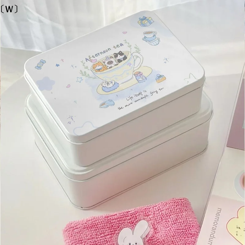 〔W〕Cartoon Iron Storage Box Kpop Photocards Desktop Storage Small Card Stickers Tapes Storage Box Stationery Office Supplies