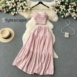 2024 New Summer Sling Top Short Versatile Big Swing Half Skirt Sweet Two Piece Set Trend