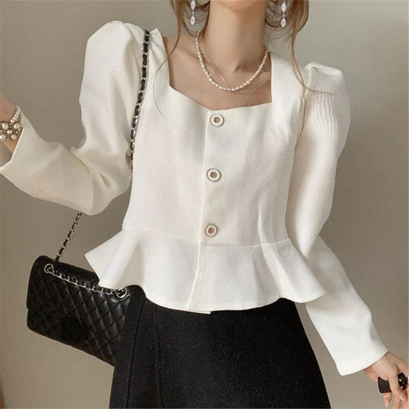 Black Ruffle Top Long Sleeve Single Breasted Square Neck Jacket Solid Short Coat Chaqueta Mujer Slim Crop Shirts Blazers Suit