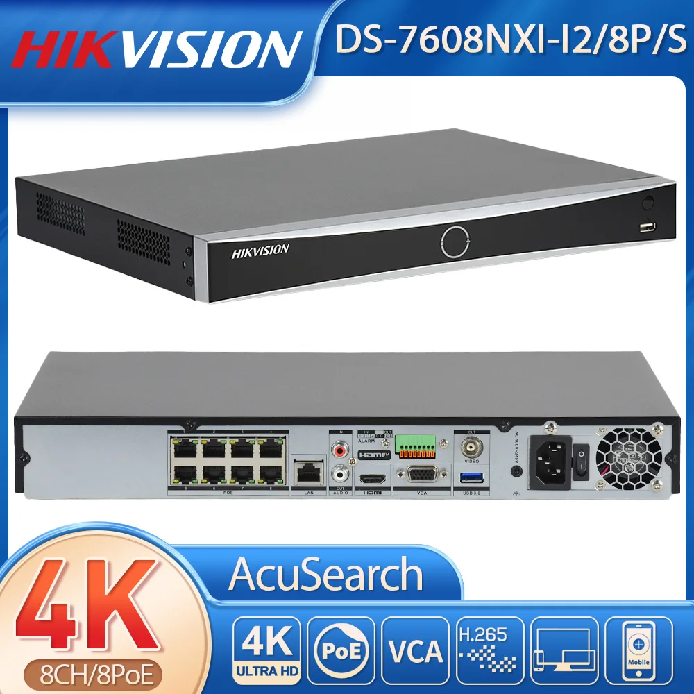 Hikvision 8-ch 1U 8 POE AcuSense 4K NVR Facial Recognition, Perimeter Protection, Motion Detection, AcuSearch DS-7608NXI-I2/8P/S
