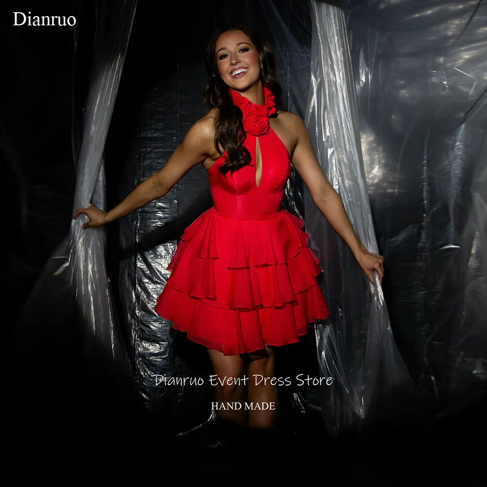 

Dianruo 3D Floral Halter Chiffon Prom Dress Tiered Ruffled Mini Length Women Summer Party A Line Cut Out Party Gowns Customized