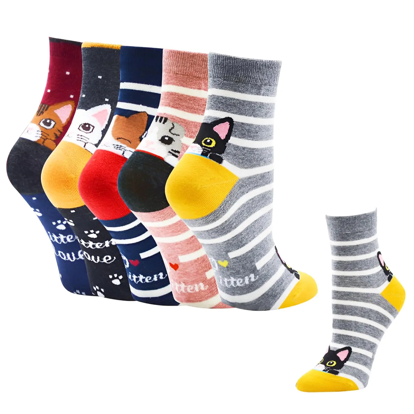 5 Pairs of Cute Cat Socks Women Cartoon Animal Crew Socks Fun Kitten Cotton Socks Gift Colorful Casual Sock Set