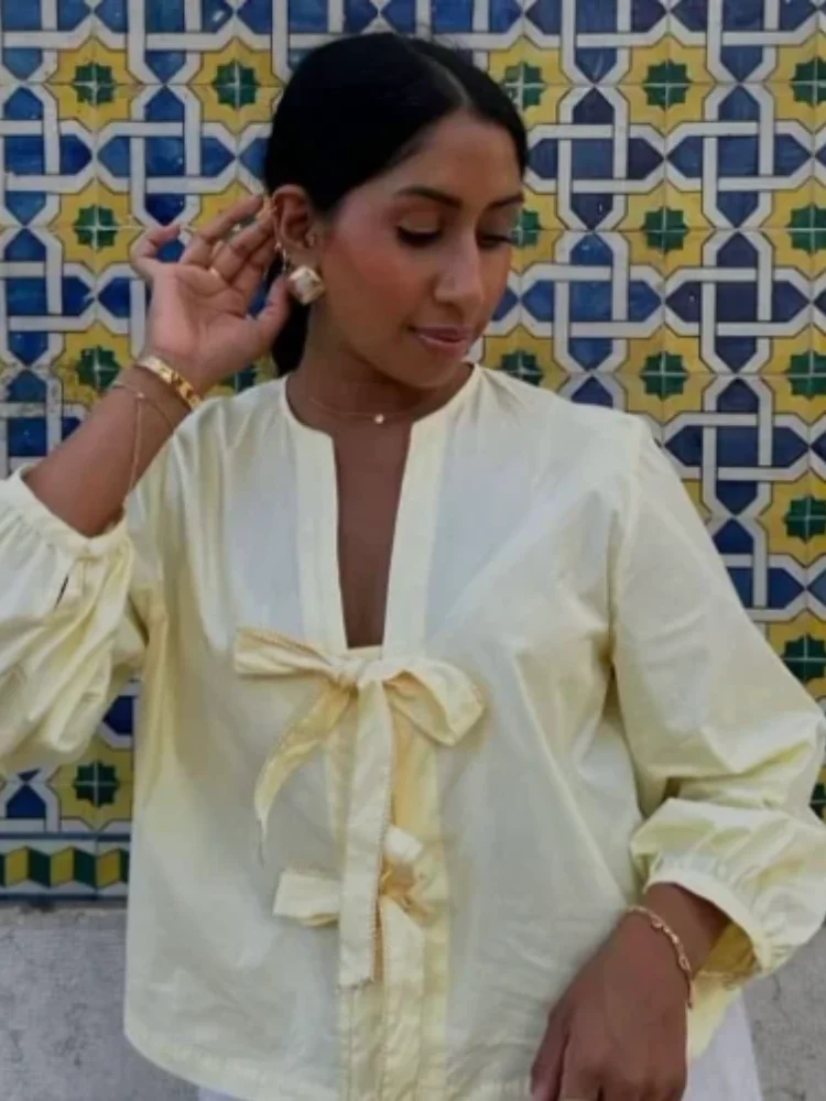 

Sexy V-neck Tie Front Shirt Women Chic Solid Puff Sleeve Double Knot Crop Shirts Casual 2026 New Spring Lady Street Daily Blouse