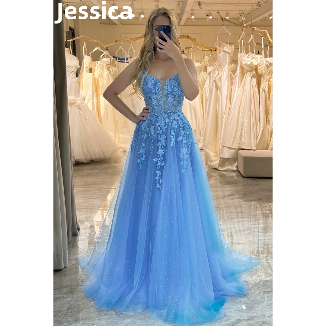 Jessica Blue Embroidery Appliqué Prom Dresses Glitter Tulle Evening Dresses Wedding Dress Formal Party Dresses Vestidos De Noche