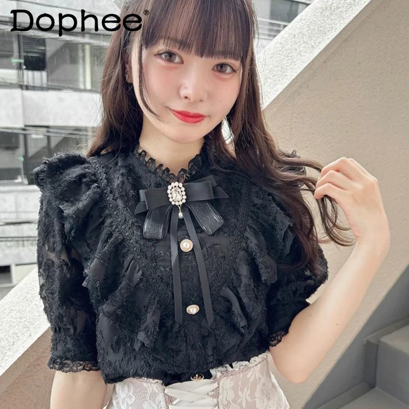 

Japanese Style Rojita Lolita Shirt Women Short Sleeve Mine Blusas Top Girls Sweet Feather Bow V-neck Fashion White Blouse Female