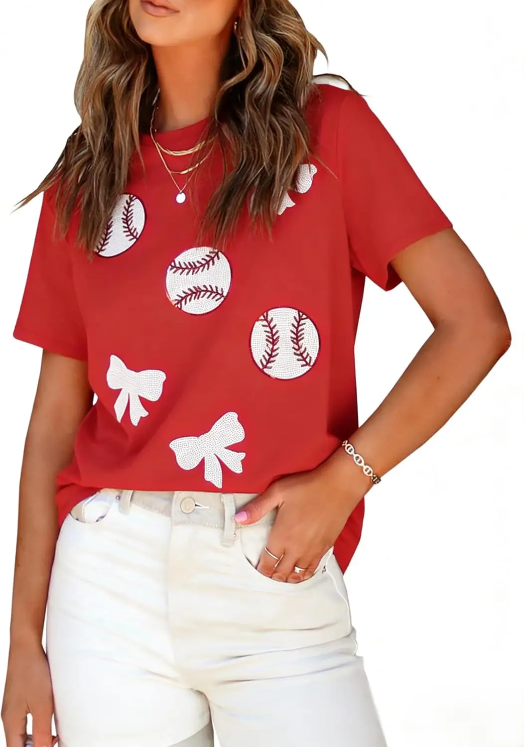 

Женская футболка с пайетками и принтом бейсбольной перчатки, блестящая, с бантом, повседневная, с коротким рукавом, в стиле хип-хоп, для игрового дня