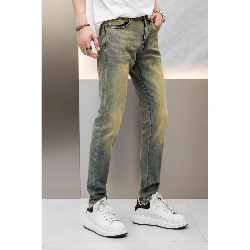 2024Spring and Summer New Retro Blue Worn Jeans Men's Stretch Slim Fashion Simple and Light Luxury Street Trousers