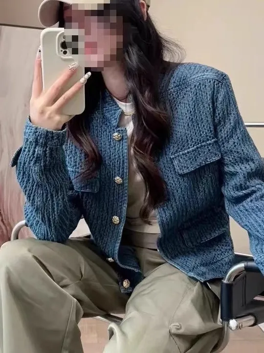 

Корейская текстурированная джинсовая куртка в стиле ретро для женщин, весенне-осенняя, с воротником-стойкой, модная молодежная, свободного кроя, с длинными рукавами