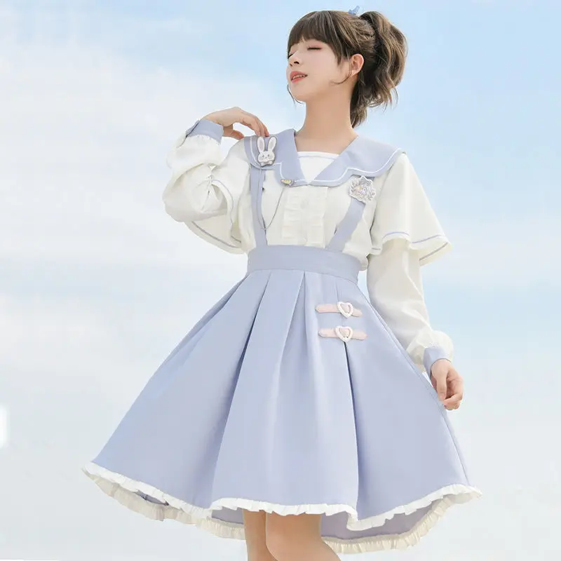 

Japan Jk Two Piece Set Spring Summer New Girl Sweet Sailor Collar Off-The-Shoulder Shirt Long Sleeve Women'S Blouses Skirt Set