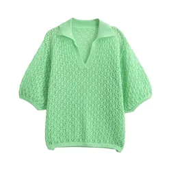 Women Fashion Jacquard Solid Knitted Hollow Out Pullover Sweater Vintage Lapel Neck Short Sleeve Female Chic Lady Tops