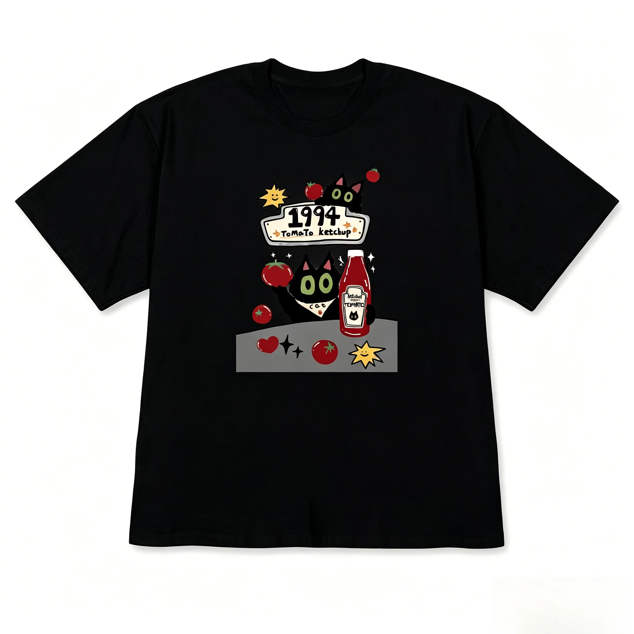 Camiseta de Manga Corta con Diseño Gráfico Retro Estilo Coreano, Diseño Vintage de Salsa de Tomate y Gato Negro, Estilo Urbano de los 90, Unisex