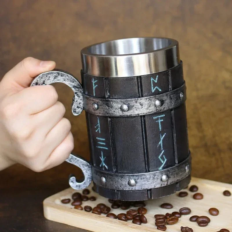 Medieval Viking Rune Beer Mug Stainless Steel 3D Tankard Resin Imitation Wooden Texture Stein Coffee Cup Men's Gift Nordic Decor