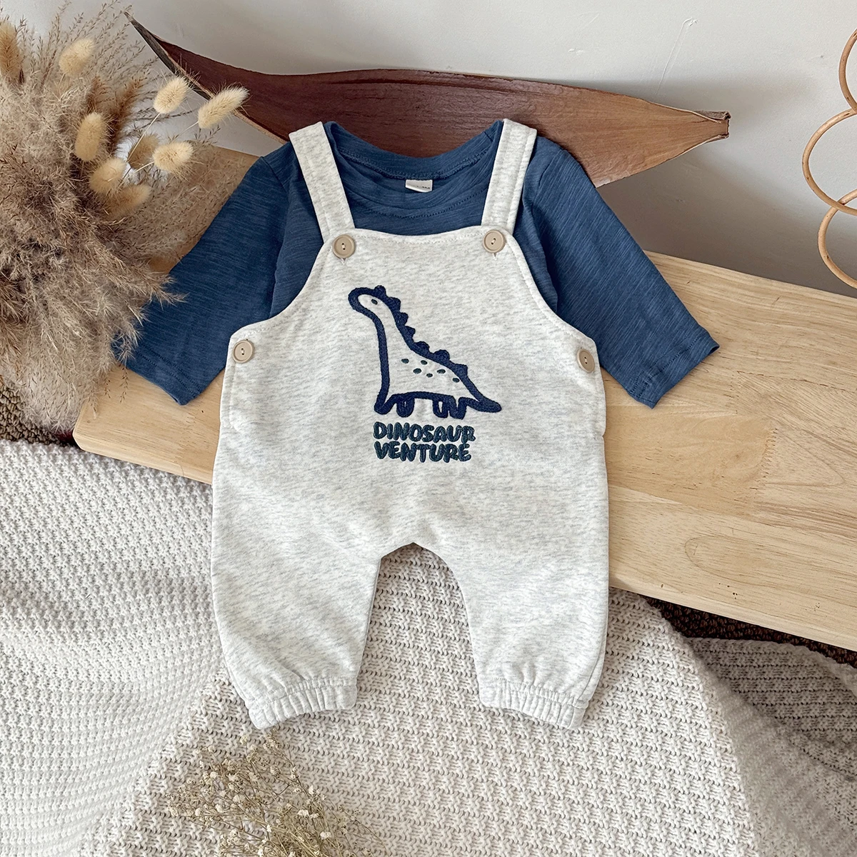 

2Pcs/set Newborn Baby Autumn Casual Outfit Clothing Solid Long Sleeved Top+Dinosaur Print Overalls Pants Clothes Toddler Cotton