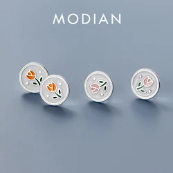 Modian Vintage Enamel Round Stud Earrings 925 Sterling Silver Simple Cute Flower Ear Studs For Women Prevent Allergy Jewelry