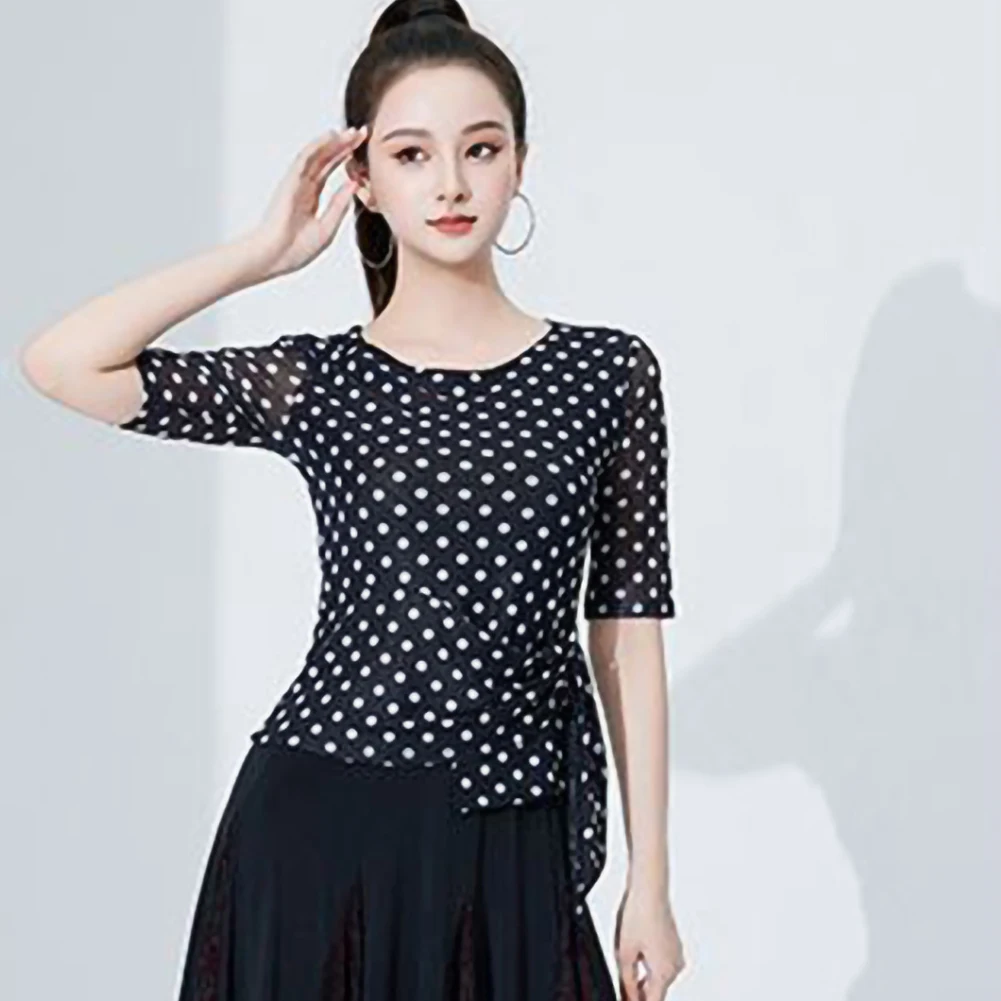 Abiti da pratica Top da ballo latino Top da ballo a pois con stampa Samba a maniche corte slim fit nero girocollo