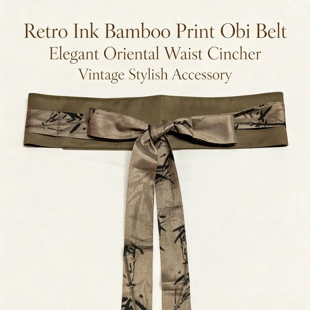 Vintage Maillard Brown Adjustable Wide Waist Cincher Ink Bamboo Print Long Ribbon Tie Belt For Women Dresses Tunics Daily Wear