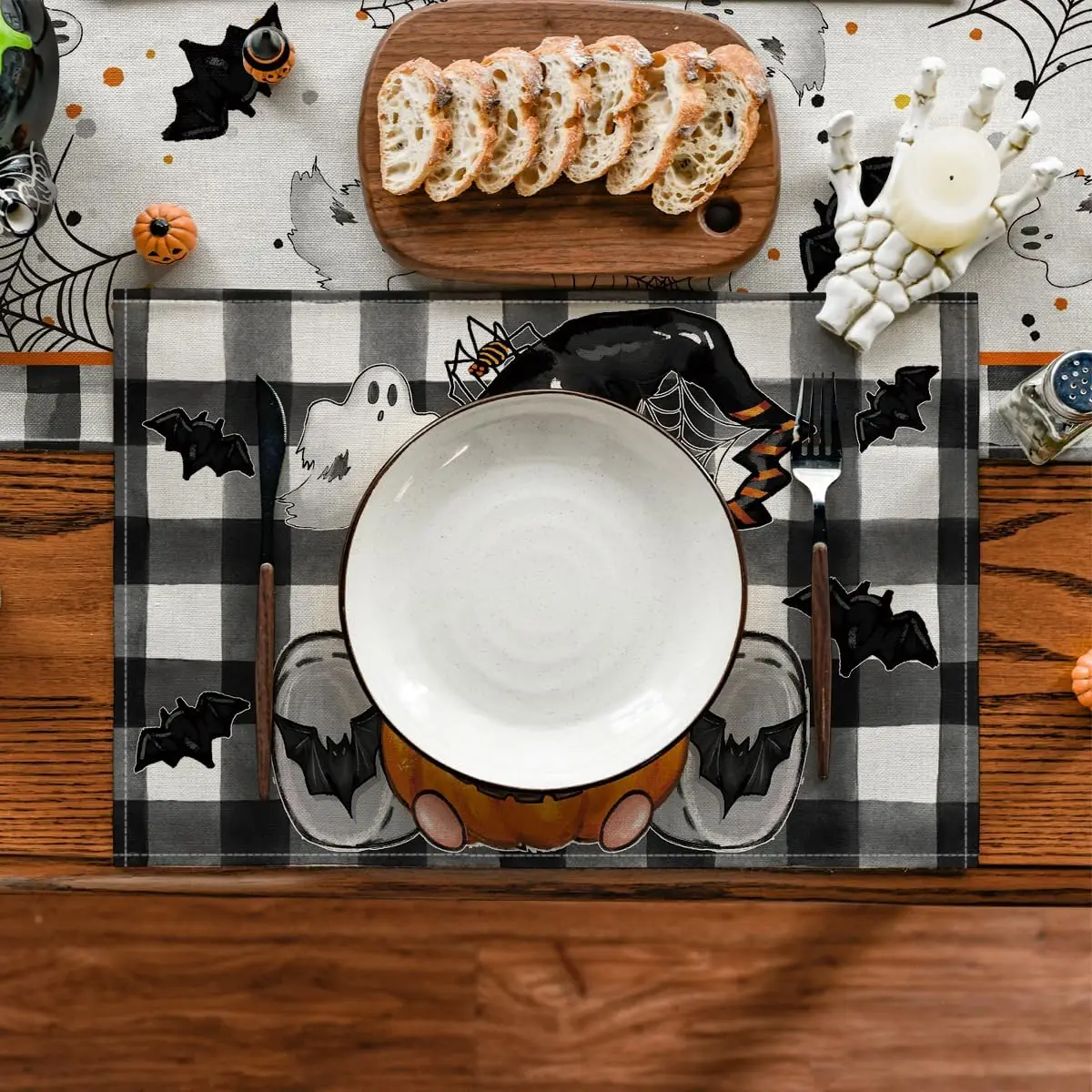 Buffalo Plaid Gnome Pumpkin Bats Halloween Placemats Set Of 6, 12x18 Inch Seasonal Table Mats For Party Kitchen Dining