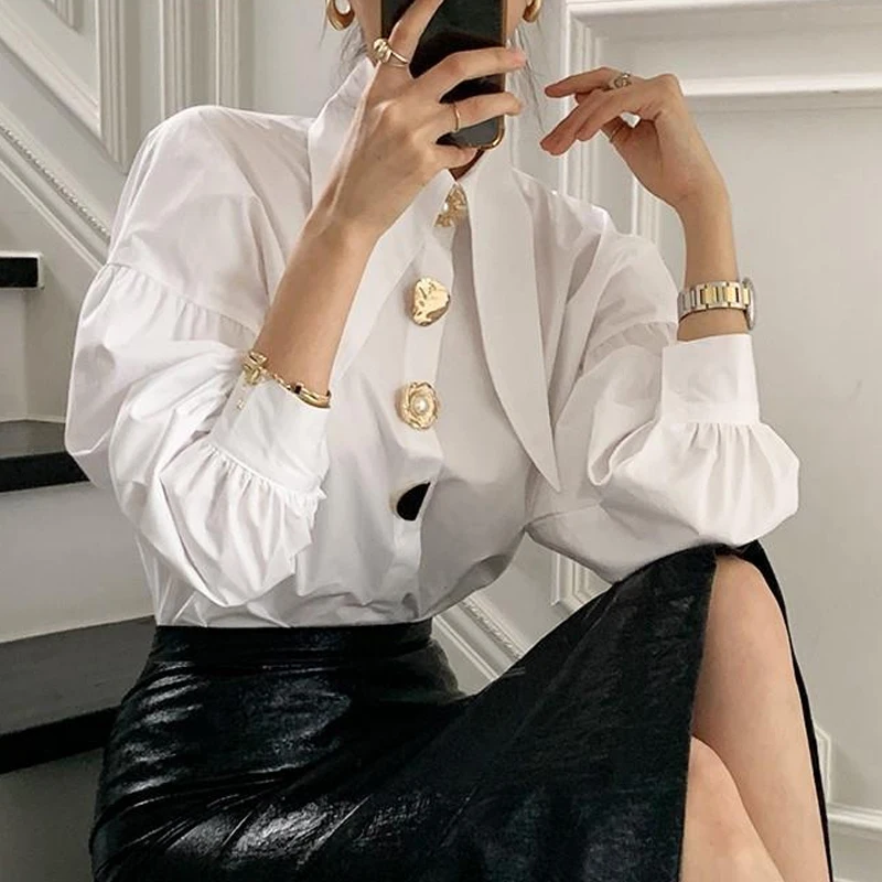 Koreański Retro luźny skręcić w dół kołnierz elegancka bluzka wiosenne topy na wszystkie mecze modna latarnia koszula z długim rękawem ubrania codzienne 17845