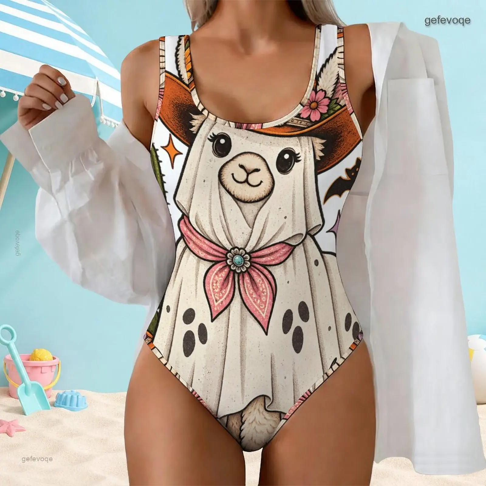 Women Printed Swimsuit Scoop Neck Wide Straps One Piece High Cut