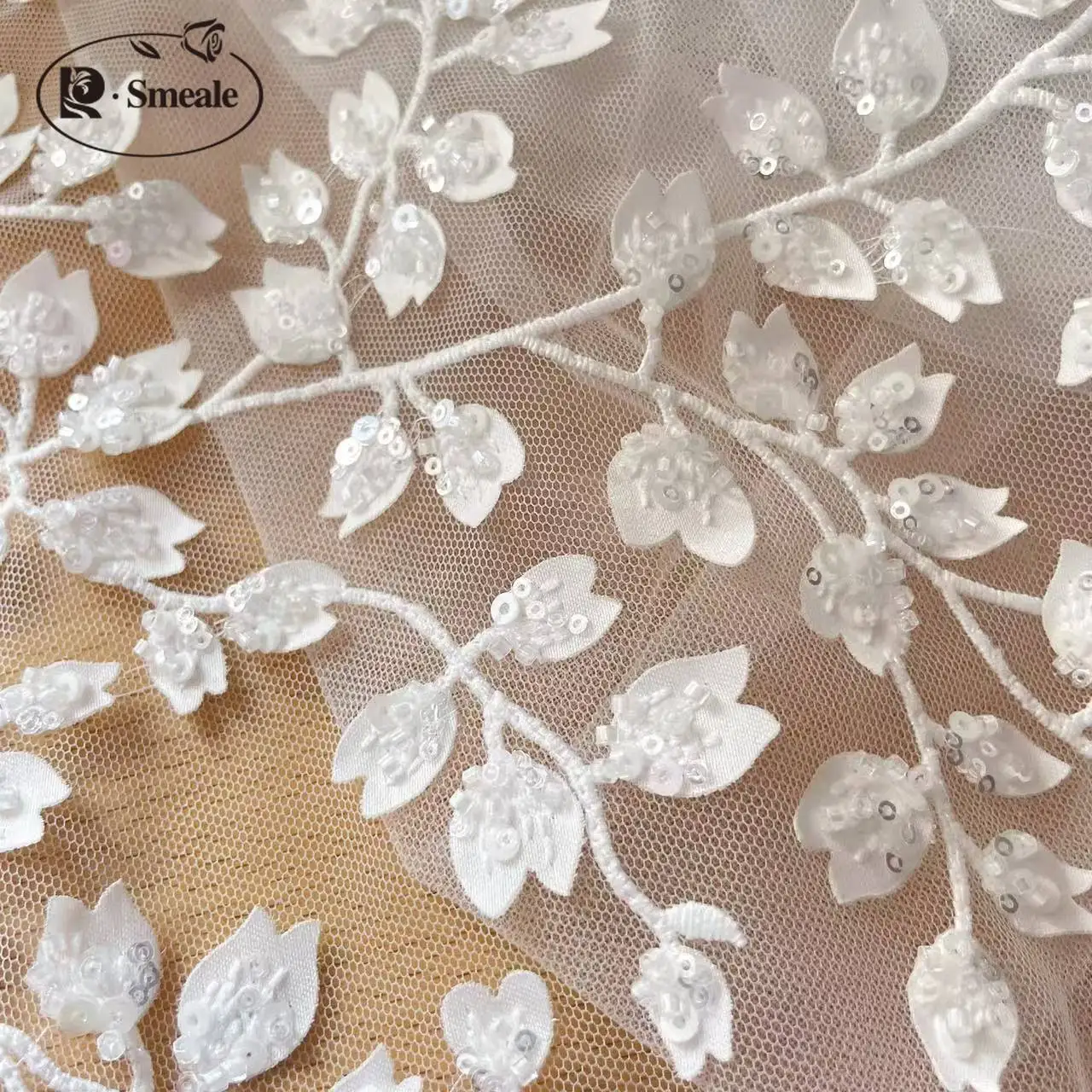 Flower and Leaf Wedding Dress Lace Fabric 3D Chiffon Flowers Beaded Lace Fabric  RS24460