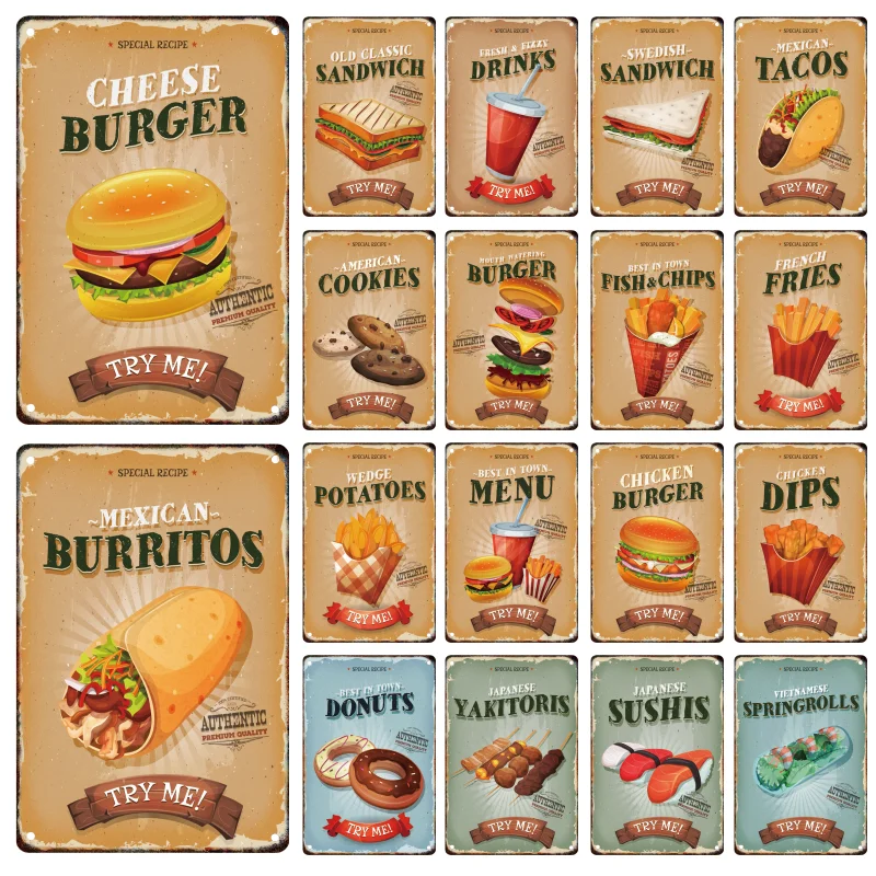 Hamburger Fries Metal Poster Signage Tin Painting Vintage Food Advertising Plaque Home Kitchen Restaurant Wall Art Decor Mural