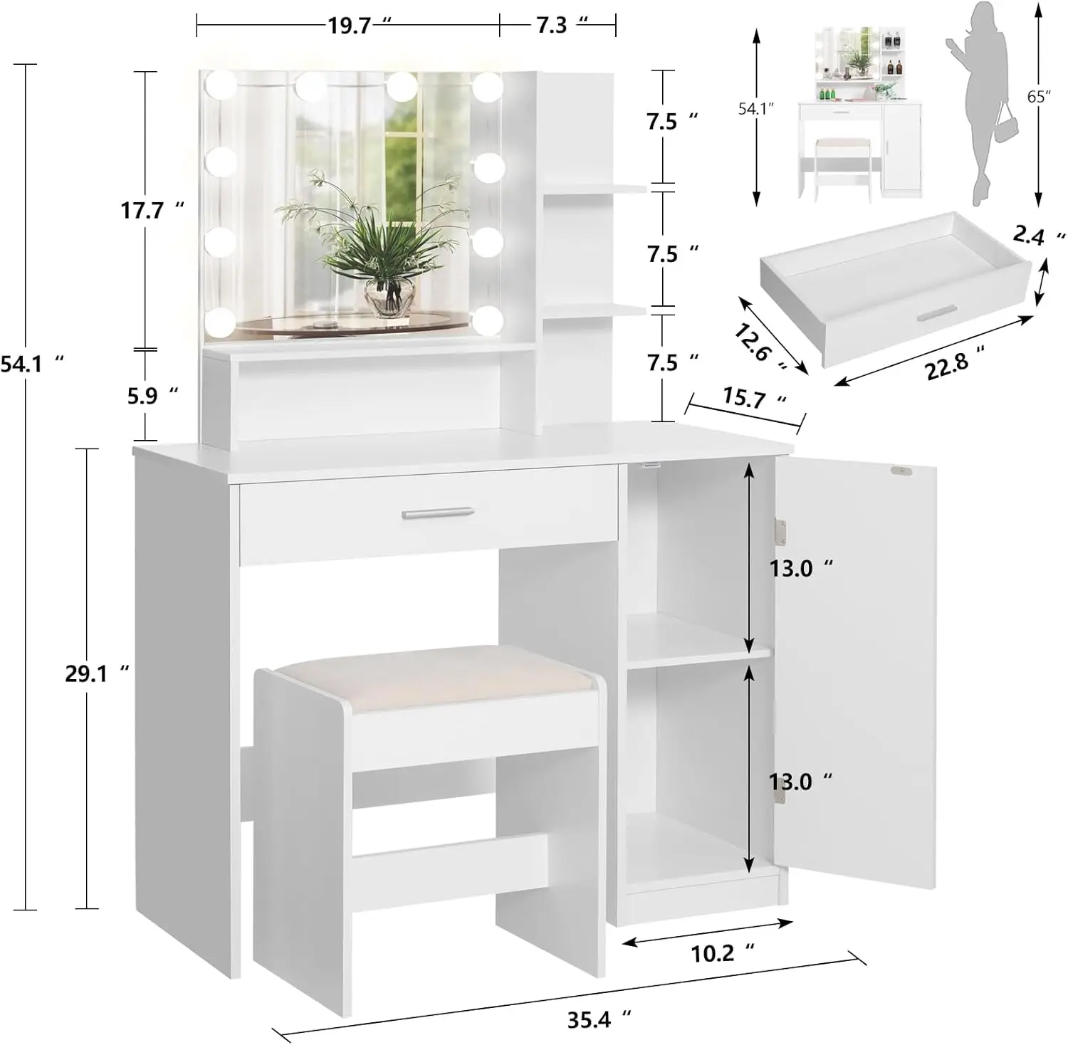 usikey Makeup Vanity Desk for Valentine's Day, Vanity Desk Set with 1 Drawer, 1 Cabinet & 3 Shelves, Makeup Vanity Table with St