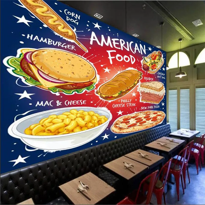 

Custom Popular American Fast Food Wall Paper 3D Corn Dog Hot Dog Hamburger Cheese Steak Reuben Sandwich Pizza Mural Wallpaper 3D