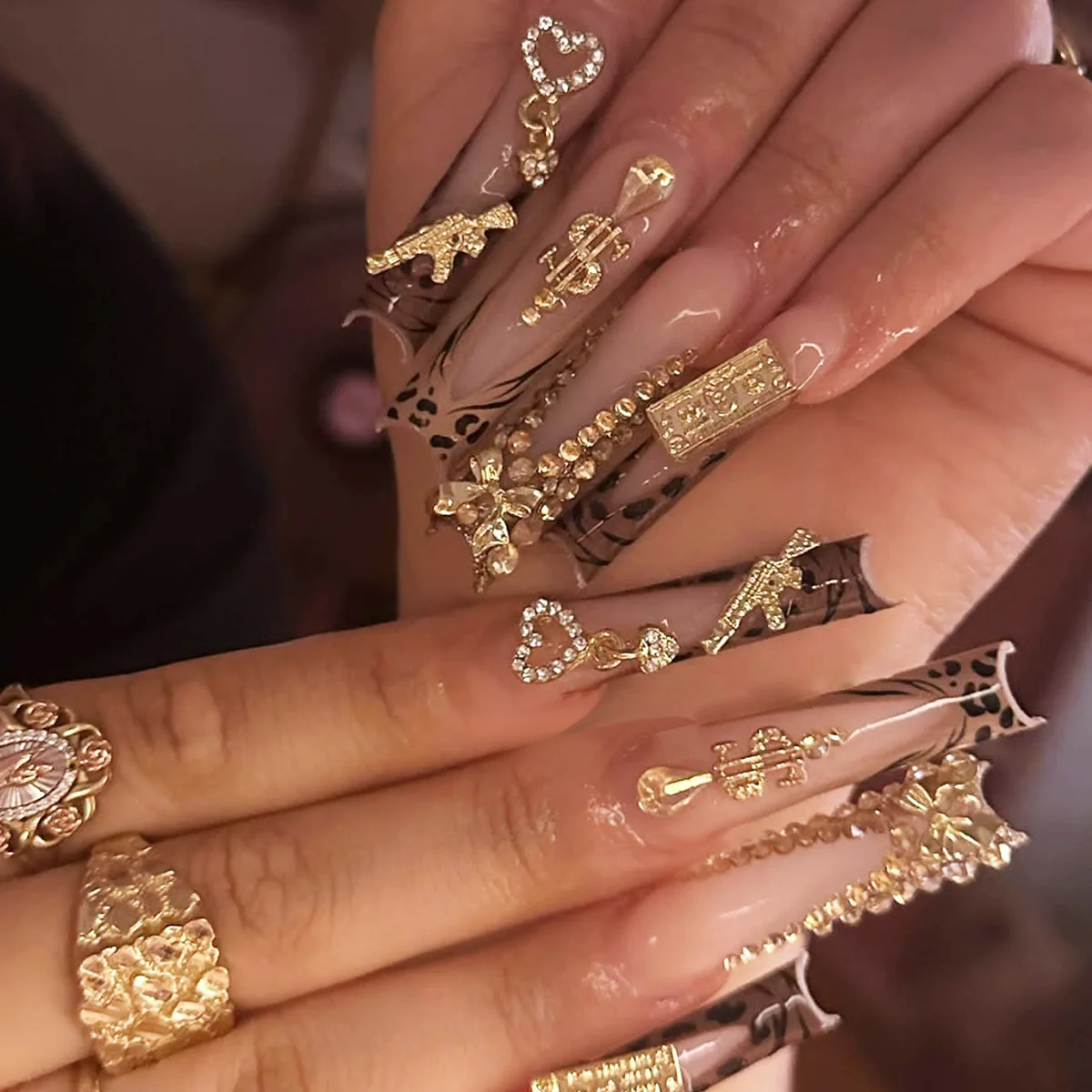 

Long Square French Press On Nails, Nude with Leopard Print & 3D Gold Heart/Rhinestone Charms, Luxury Reusable Fake Nails