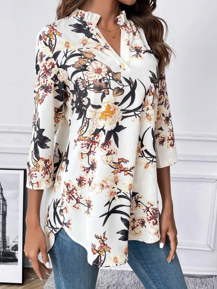 

Fashionable V-Neck Floral Print Shirt for Women Spring Autumn New Style Elegant Atmosphere Ladies' Top