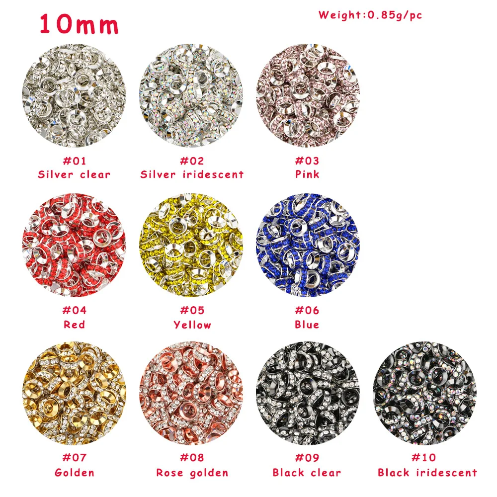 Sunrony Metal Rhinestone Spacer 10mm 10/20/30Pcs Big Hole Beads Jewelry DIY Necklace Bracelet Stationery Decoration Accessories