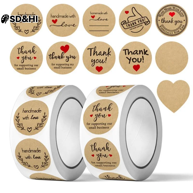 500PCS/Roll Kraft Paper Thank You Stickers With Assorted Designs Strong Adhesive For Small Business Packaging Gift Wrapping