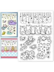 1Sheet Starry Cats Clear Stamps Star Moon Transparent Silicone Stamps Cats Silicone Stamps for Card Making Decor DIY