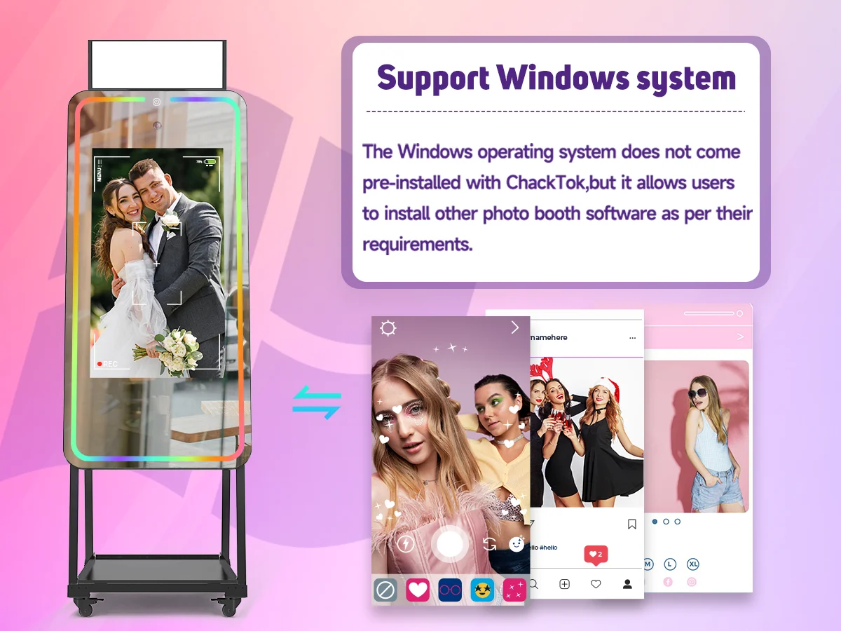 Cabine fotográfica espelhada de 65 polegadas com tela sensível ao toque de 32 polegadas Magic Selfie Mirror Photo Booth Lcd Digital Signage Máquina de casamento