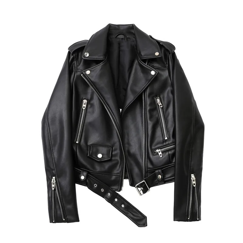 

Spring and Autumn 2024 New faux leather PU jacket with belt women's lapel motorcycle jacket black zip biker jacket