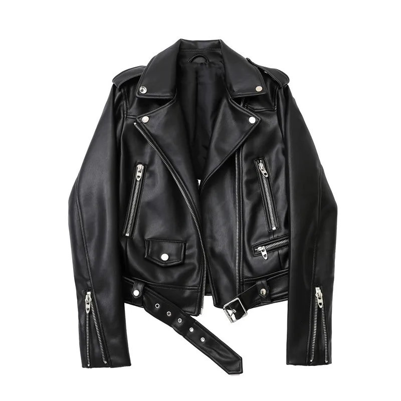 Spring and Autumn 2024 New faux leather PU jacket with belt women's lapel motorcycle jacket black zip biker jacket