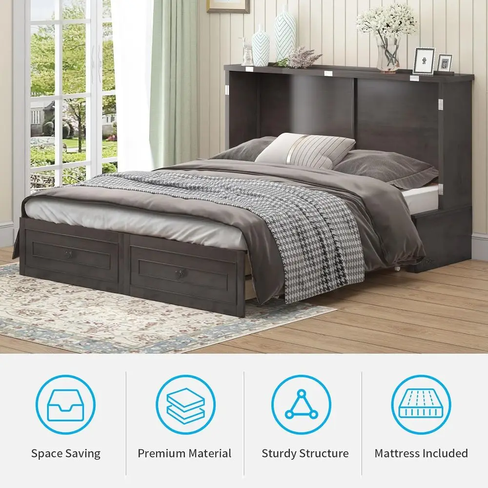 Murphy Cabinet Bed Queen Size k Grey | with Tri-olding Mattr, 2 Storage Ders & USB Charging Station, Wooden Wall Chest Bed - view 6